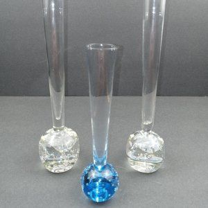 Hand-blown Glass Tall Funnel Shape Vases Clear Blue Bullicante Bubbles Set of 3